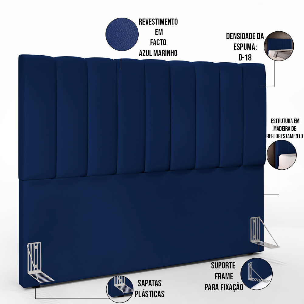 Kit Cabeceira Cama Box Casal King 195cm com Calçadeira Baú Dália W01 Facto Azul Marinho - Lyam