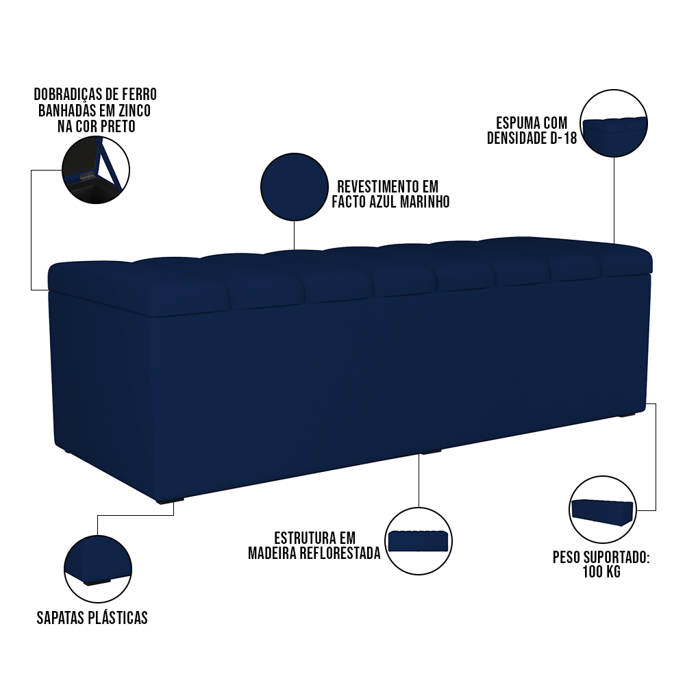 Kit Cabeceira Cama Box Casal King 195cm com Calçadeira Baú Dália W01 Facto Azul Marinho - Lyam