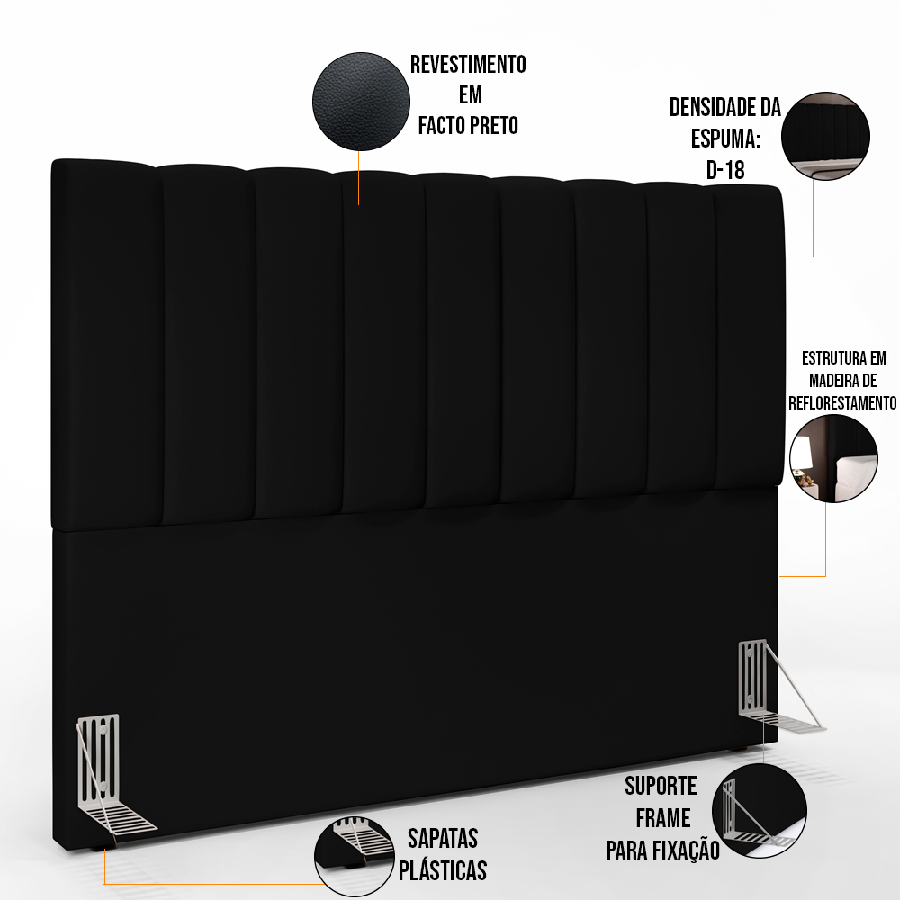 Kit Cabeceira Cama Box Casal King 195cm com Calçadeira Baú Dália W01 Facto Preto - Lyam