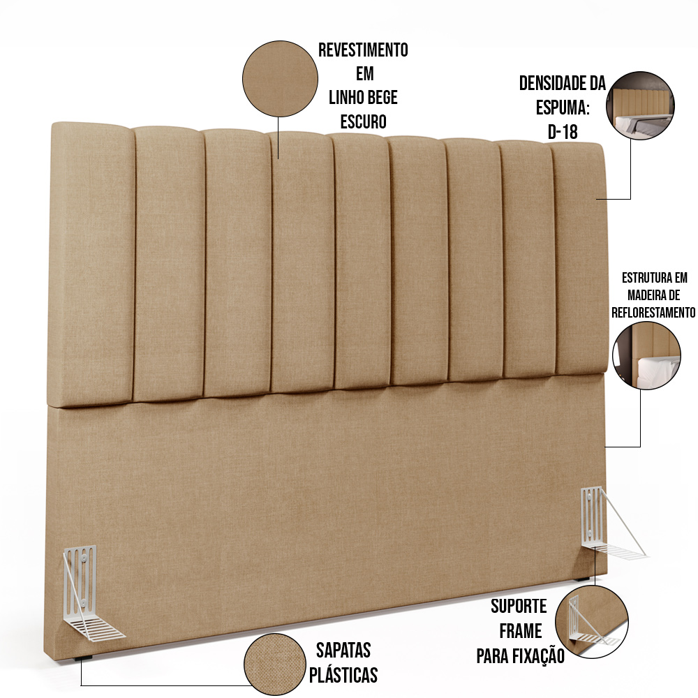Kit Cabeceira Cama Box Casal King 195cm com Calçadeira Baú Dália W01 Linho Bege Escuro - Lyam