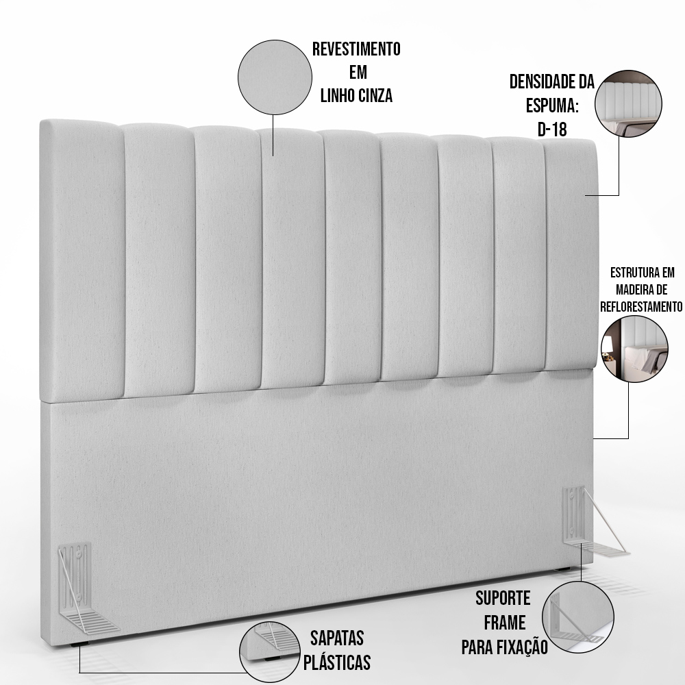 Kit Cabeceira Cama Box Casal King 195cm com Calçadeira Baú Dália W01 Linho Cinza - Lyam