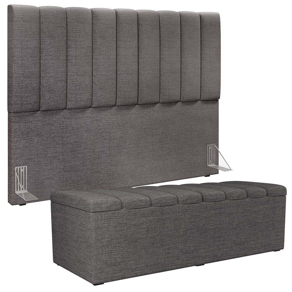 Kit Cabeceira Cama Box Casal King 195cm com Calçadeira Baú Dália W01 Linho Cinza Escuro - Lyam
