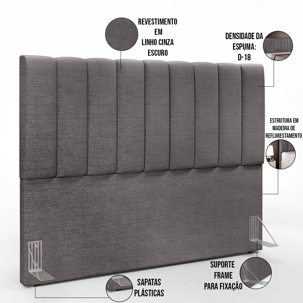 Kit Cabeceira Cama Box Casal King 195cm com Calçadeira Baú Dália W01 Linho Cinza Escuro - Lyam