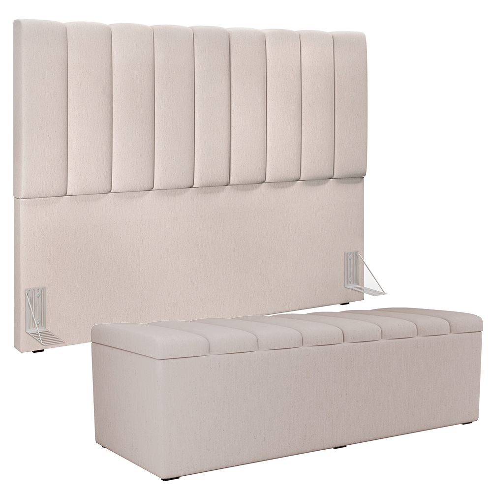 Kit Cabeceira Cama Box Casal King 195cm com Calçadeira Baú Dália W01 Linho Cru - Lyam