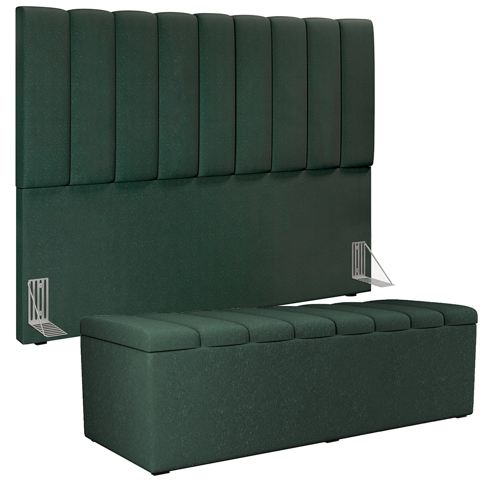 Kit Cabeceira Cama Box Casal King 195cm com Calçadeira Baú Dália W01 Linho Verde Musgo - Lyam