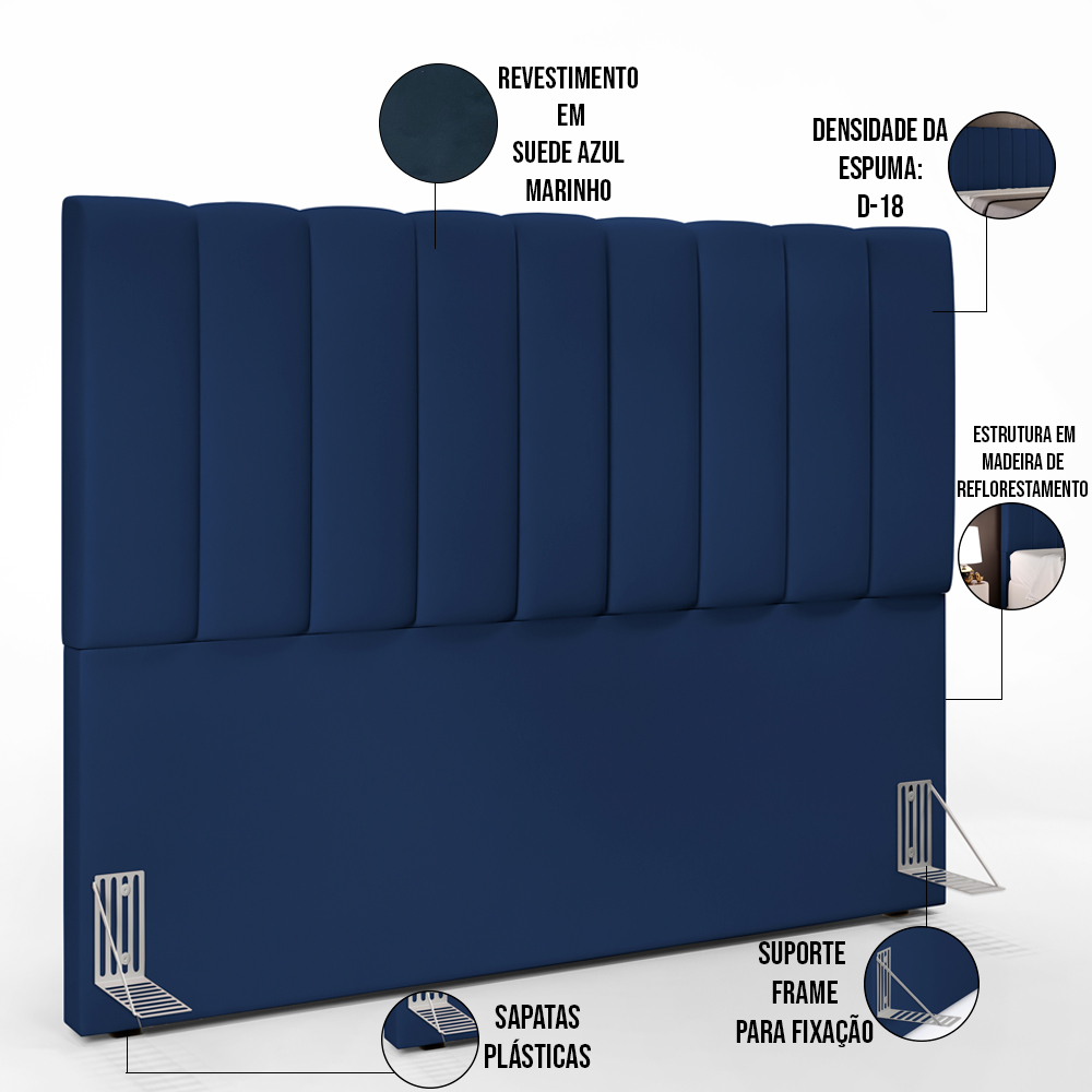 Kit Cabeceira Cama Box Casal King 195cm com Calçadeira Baú Dália W01 Suede Azul Marinho - Lyam