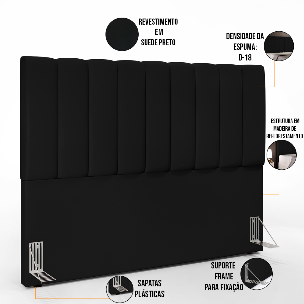 Kit Cabeceira Cama Box Casal King 195cm com Calçadeira Baú Dália W01 Suede Preto - Lyam