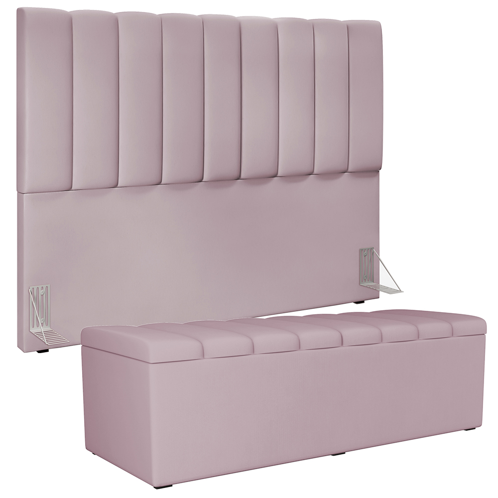 Kit Cabeceira Cama Box Casal King 195cm com Calçadeira Baú Dália W01 Suede Rosê - Lyam
