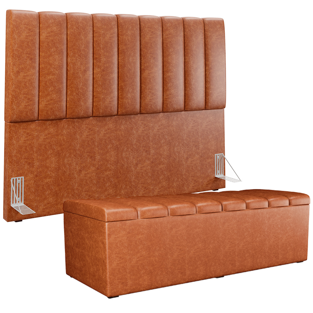 Kit Cabeceira Cama Box Casal Queen 160cm Calçadeira Baú Dália W01 Couríssimo Camel - Lyam Decor