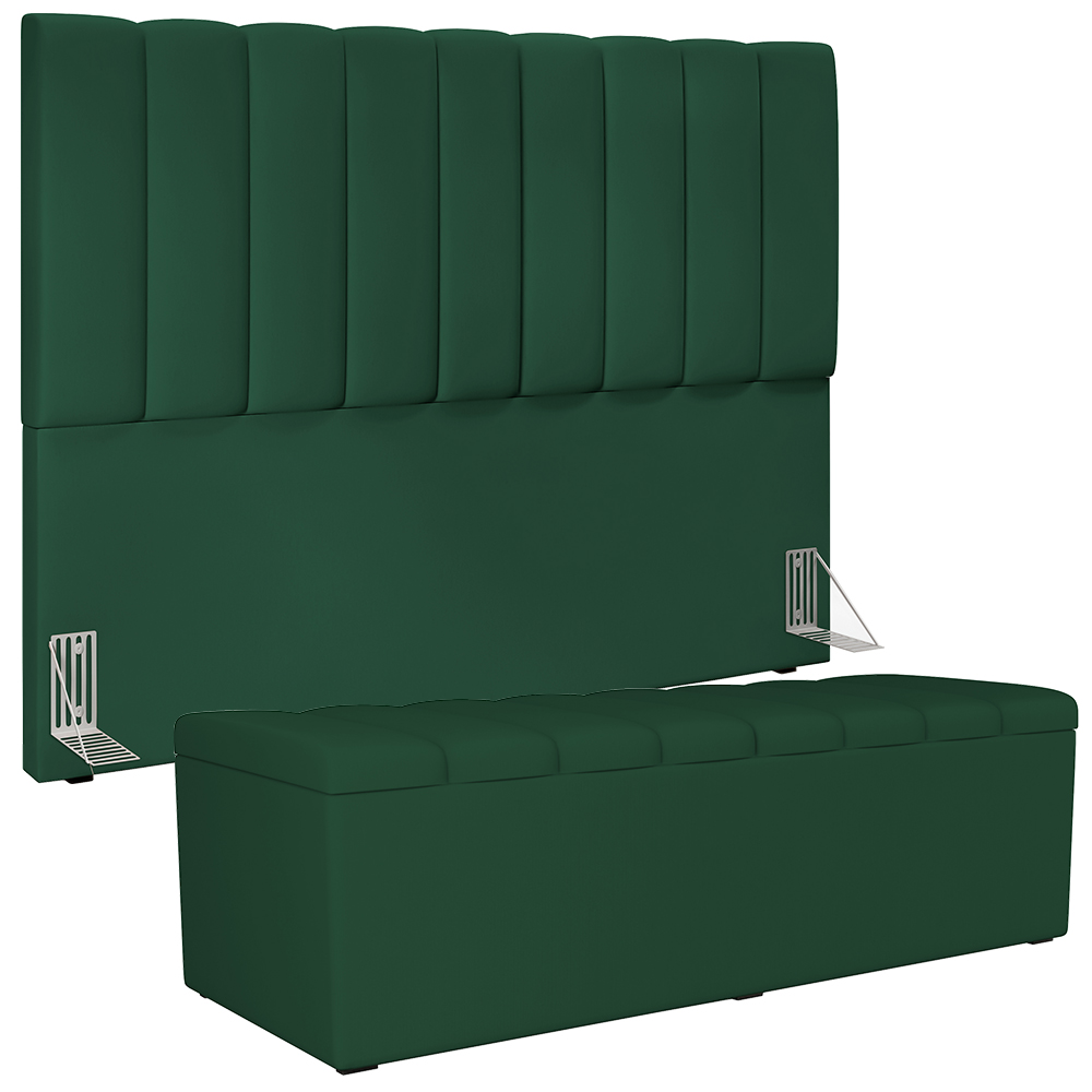 Kit Cabeceira Cama Box Casal Queen 160cm Calçadeira Baú Dália W01 Suede Verde Musgo - Lyam Decor