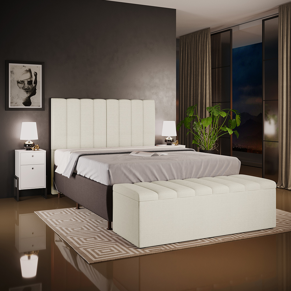 Kit Cabeceira Cama Box Casal Queen 160cm Com Calçadeira Baú Dália W01 Linho Champagne - Lyam Decor