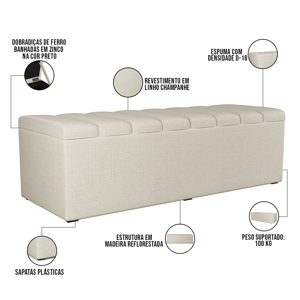 Kit Cabeceira Cama Box Casal Queen 160cm Com Calçadeira Baú Dália W01 Linho Champagne - Lyam Decor