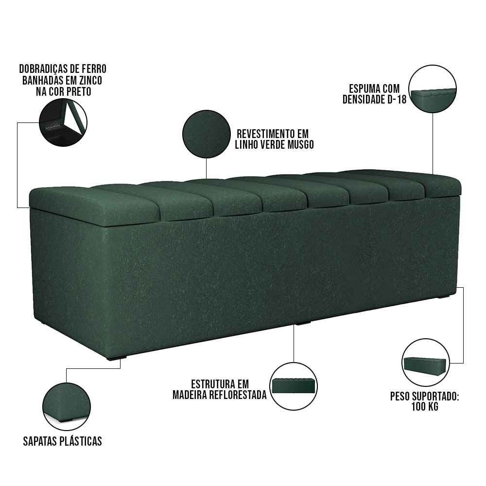 Kit Cabeceira Cama Box Casal Queen 160cm Com Calçadeira Baú Dália W01 Linho Verde Musgo - Lyam Decor