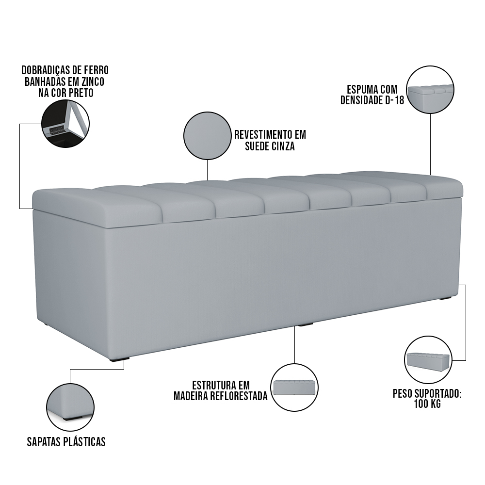 Kit Cabeceira Cama Box Casal Queen 160cm Com Calçadeira Baú Dália W01 Suede Cinza - Lyam Decor