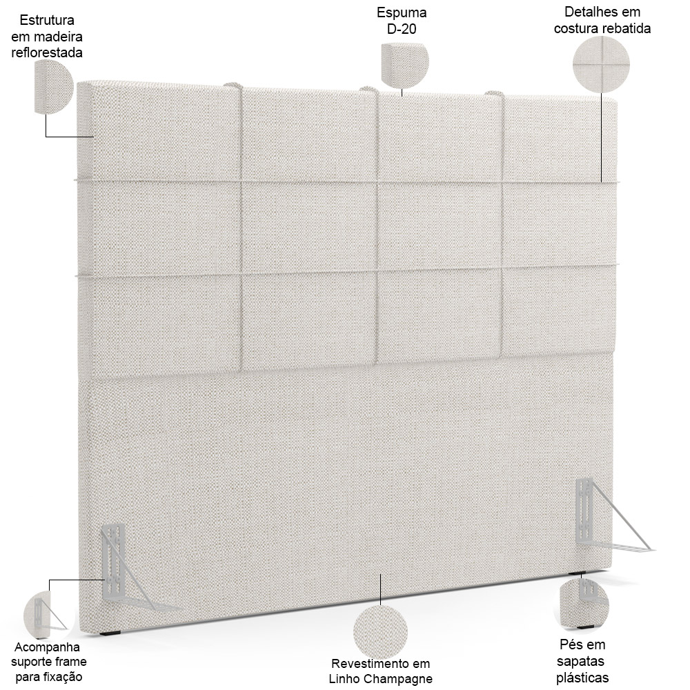 Kit Cabeceira Cama Box King 195cm com Calçadeira Roma W01 Linho Champagne - Lyam