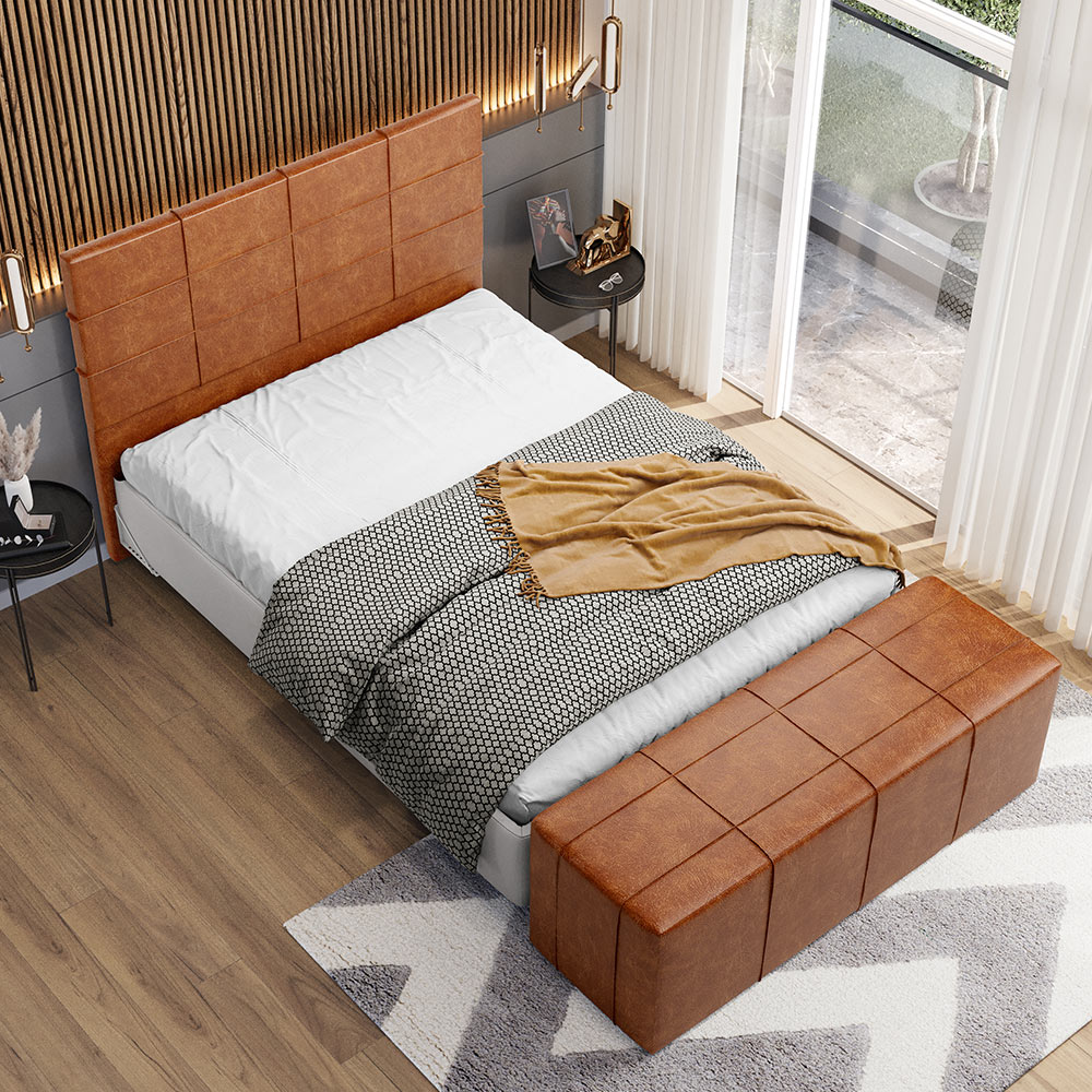 Kit Cabeceira Cama Box Queen 160cm com Calçadeira Roma W01 Couríssimo Camel - Lyam