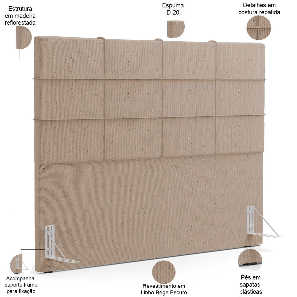 Kit Cabeceira Cama Box Queen 160cm com Calçadeira Roma W01 Linho Bege Escuro - Lyam