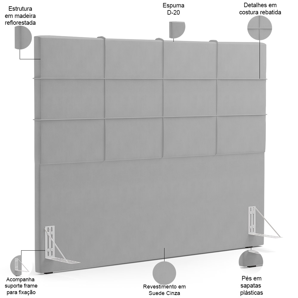 Kit Cabeceira Cama Box Queen 160cm com Calçadeira Roma W01 Suede Cinza - Lyam