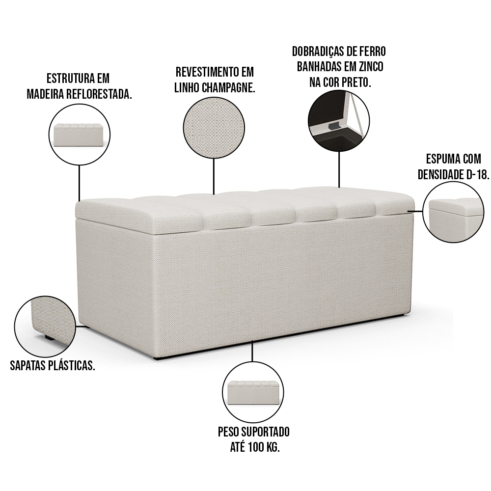 Kit Cabeceira Cama Box Solteiro 100cm Calçadeira Recamier Baú Dália W01 Linho Champagne - Lyam Decor