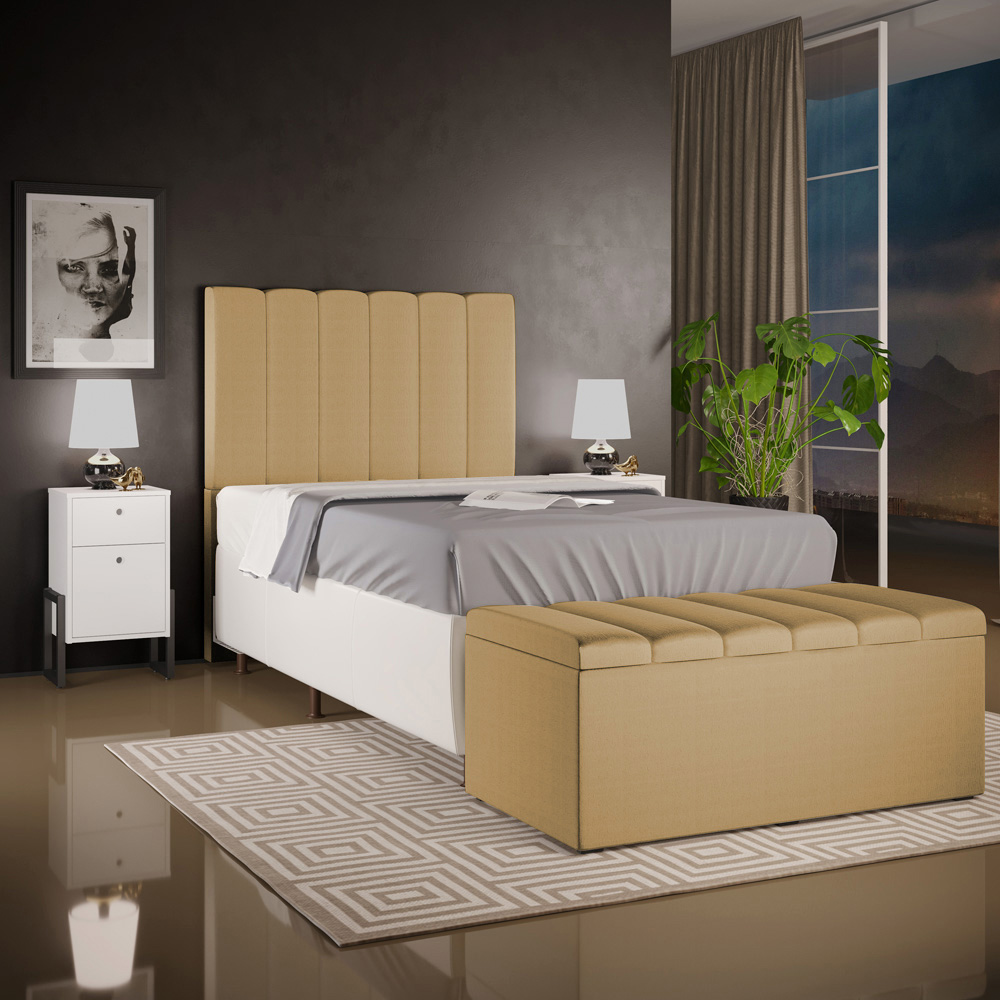 Kit Cabeceira Cama Box Solteiro 100cm Com Calçadeira Baú Dália W01 Linho Bege Escuro - Lyam Decor