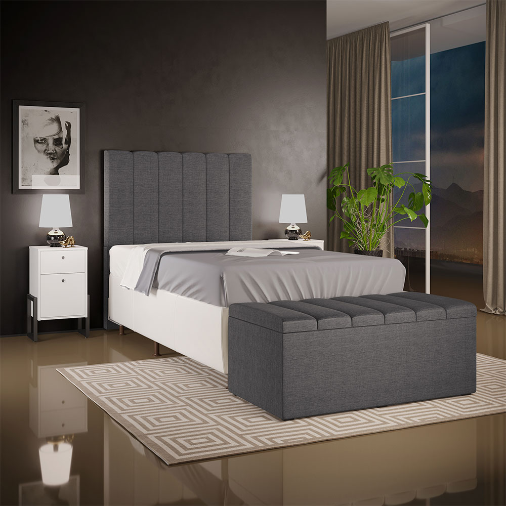 Kit Cabeceira Cama Box Solteiro 100cm Com Calçadeira Baú Dália W01 Linho Cinza Escuro - Lyam Decor