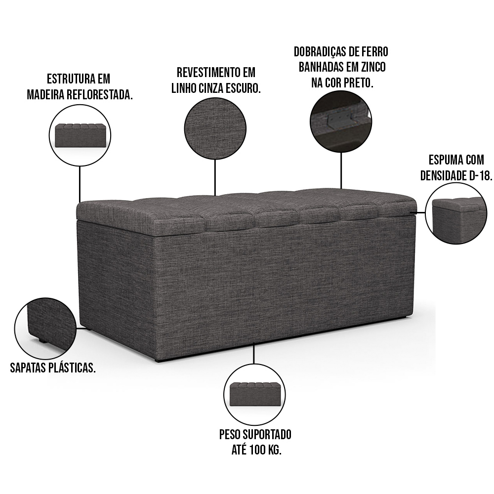 Kit Cabeceira Cama Box Solteiro 100cm Com Calçadeira Baú Dália W01 Linho Cinza Escuro - Lyam Decor