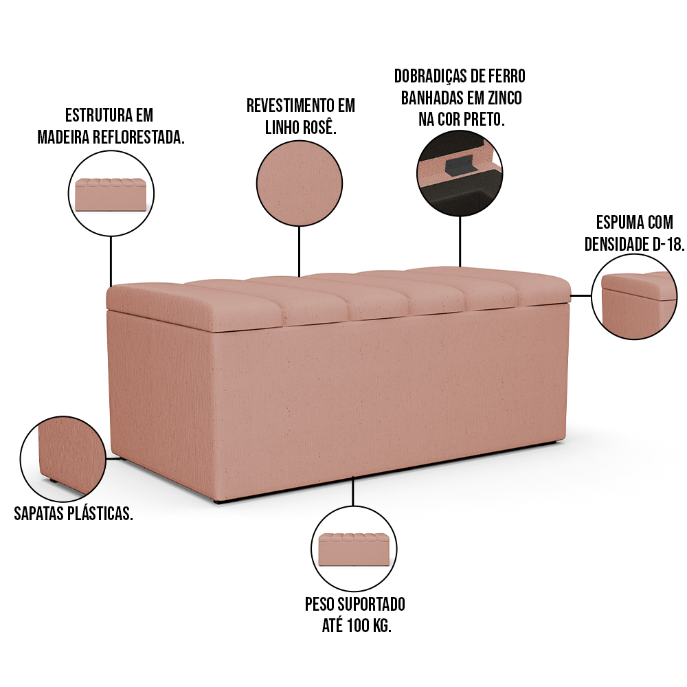 Kit Cabeceira Cama Box Solteiro 100cm Com Calçadeira Baú Dália W01 Linho Rosê - Lyam Decor