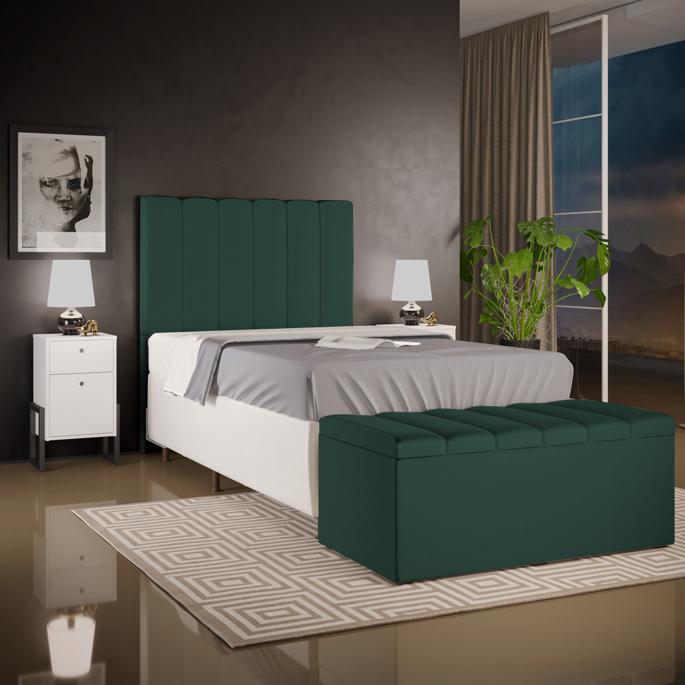 Kit Cabeceira Cama Box Solteiro 100cm Com Calçadeira Baú Dália W01 Linho Verde Musgo - Lyam Decor