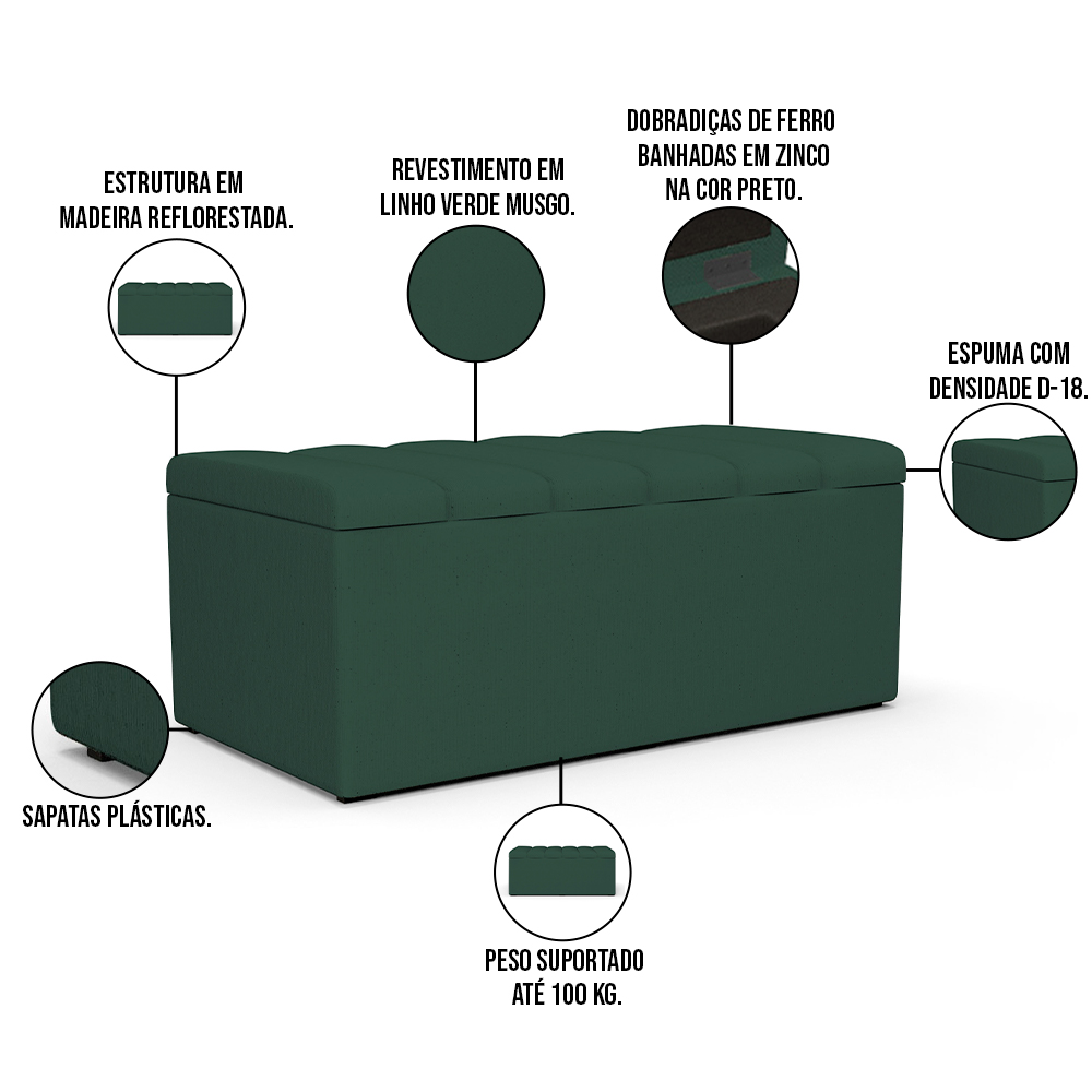 Kit Cabeceira Cama Box Solteiro 100cm Com Calçadeira Baú Dália W01 Linho Verde Musgo - Lyam Decor