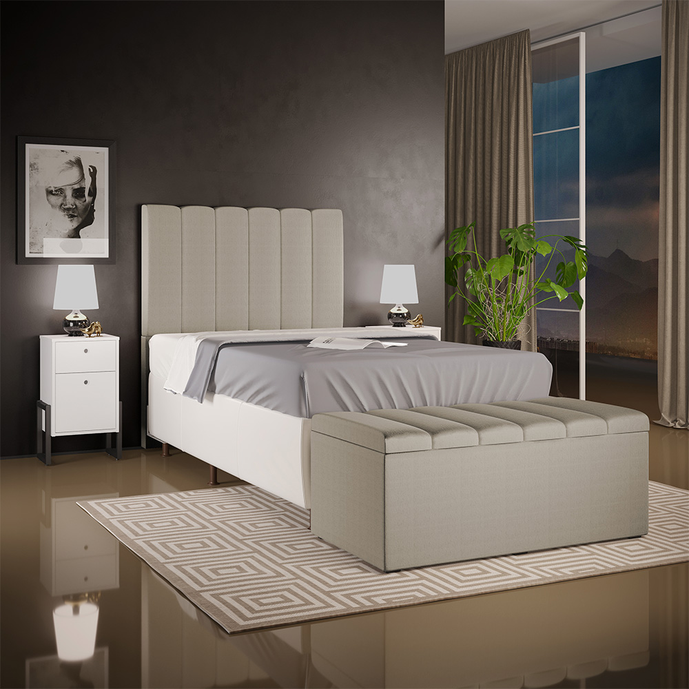 Kit Cabeceira Cama Box Solteiro 100cm Com Calçadeira Recamier Baú Dália W01 Linho Bege - Lyam Decor