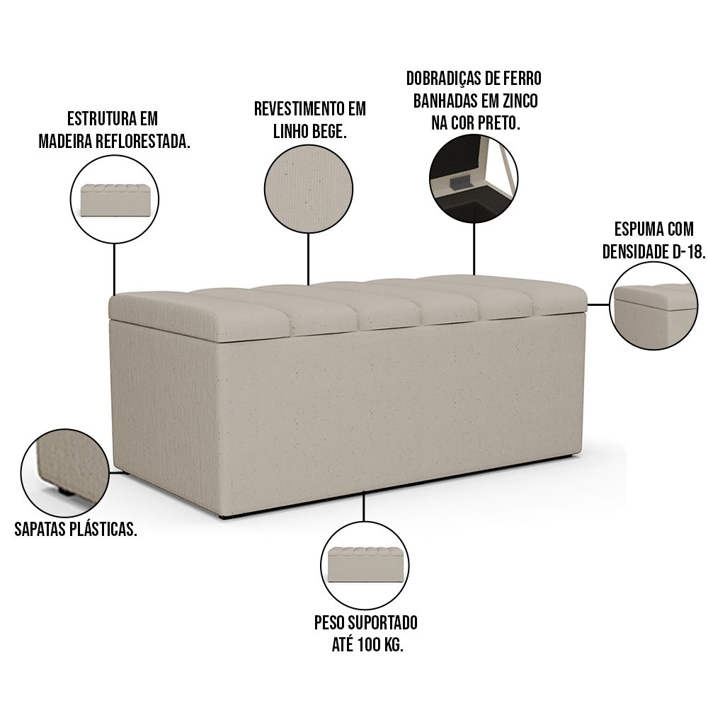 Kit Cabeceira Cama Box Solteiro 100cm Com Calçadeira Recamier Baú Dália W01 Linho Bege - Lyam Decor