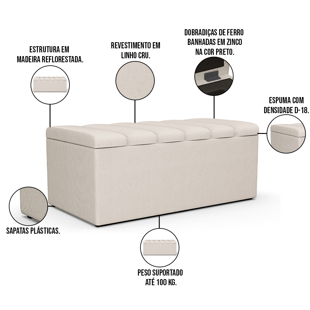 Kit Cabeceira Cama Box Solteiro 100cm Com Calçadeira Recamier Baú Dália W01 Linho Cru - Lyam Decor