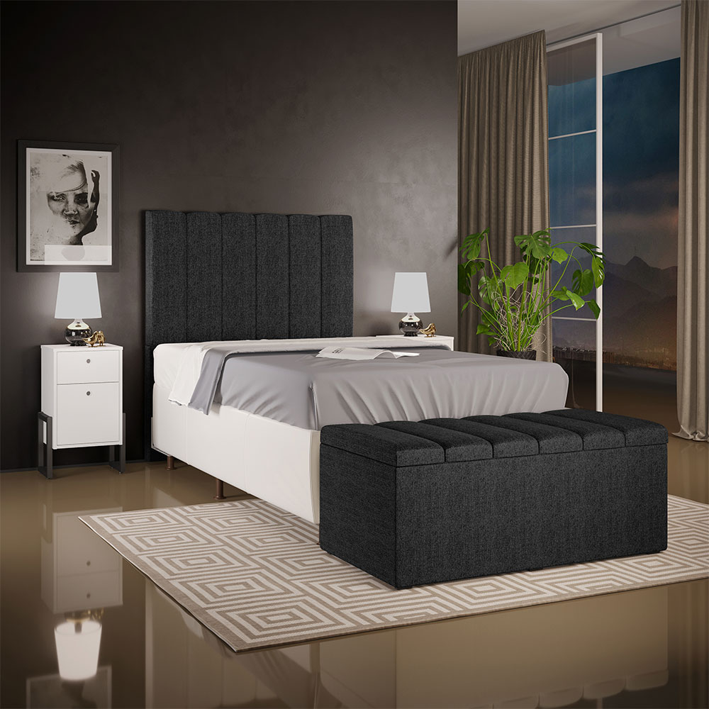 Kit Cabeceira Cama Box Solteiro 100cm e Calçadeira Recamier Baú Dália W01 Linho Chumbo - Lyam Decor