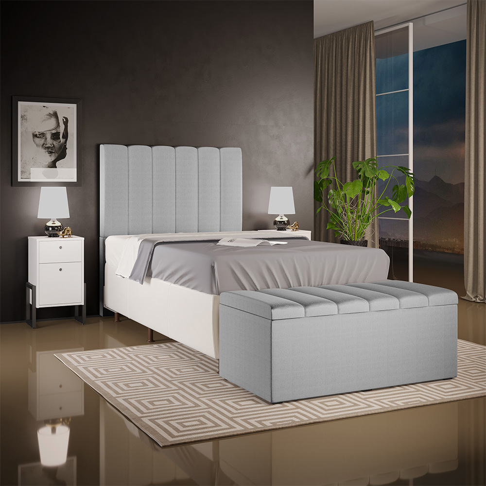 Kit Cabeceira Cama Box Solteiro 100cm e Calçadeira Recamier Baú Dália W01 Linho Cinza - Lyam Decor