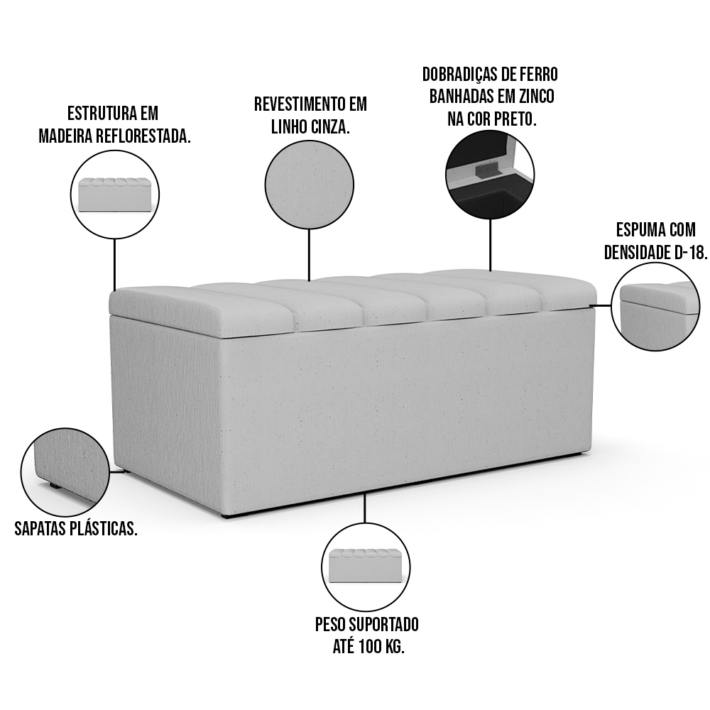 Kit Cabeceira Cama Box Solteiro 100cm e Calçadeira Recamier Baú Dália W01 Linho Cinza - Lyam Decor