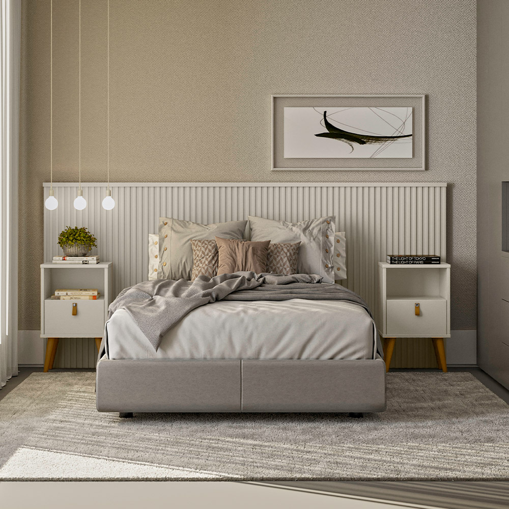 Kit Cabeceira Casal 240cm Celine Com Mesa De Cabeceira 01 Gaveta Loreta L05 Off White - Lyam Decor