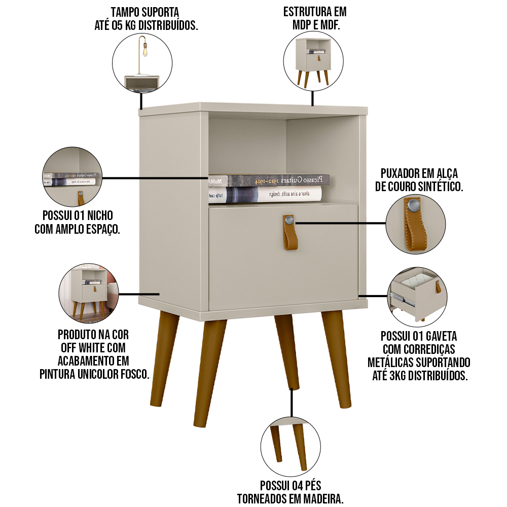 Kit Cabeceira Casal 240cm Celine Com Mesa De Cabeceira 01 Gaveta Loreta L05 Off White - Lyam Decor