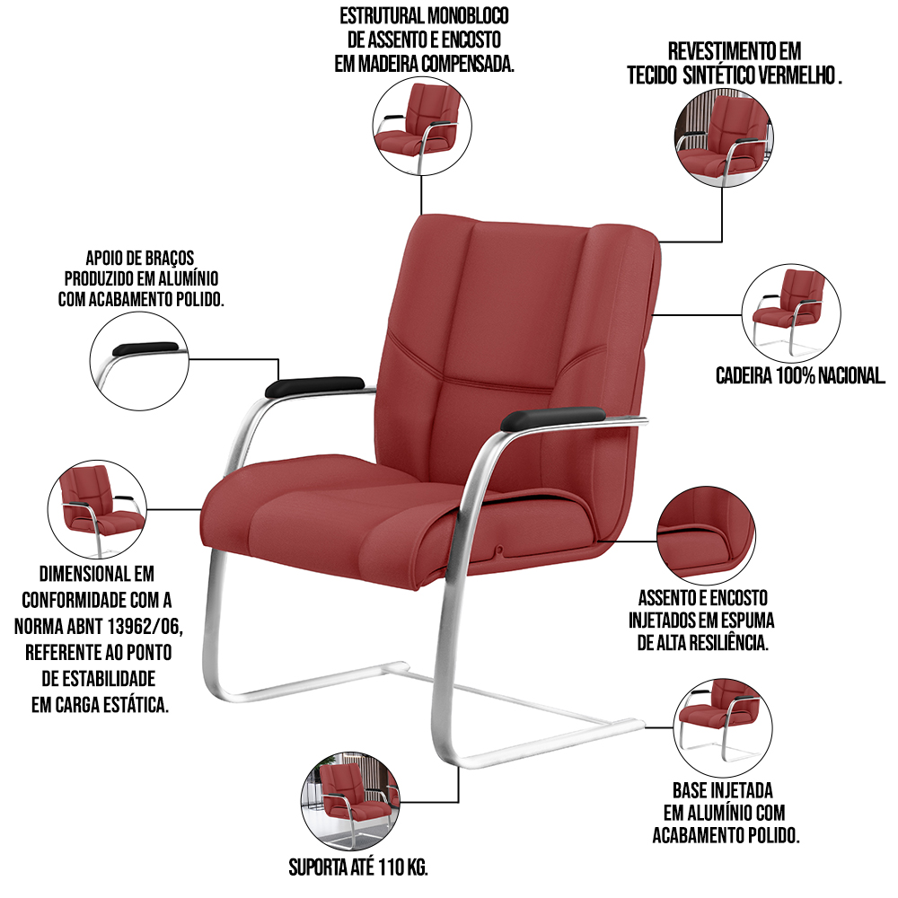 Kit Cadeira Presidente Com 02 Cadeiras Fixas New Onix F02 Tecido Sintético Vermelho - Lyam Decor