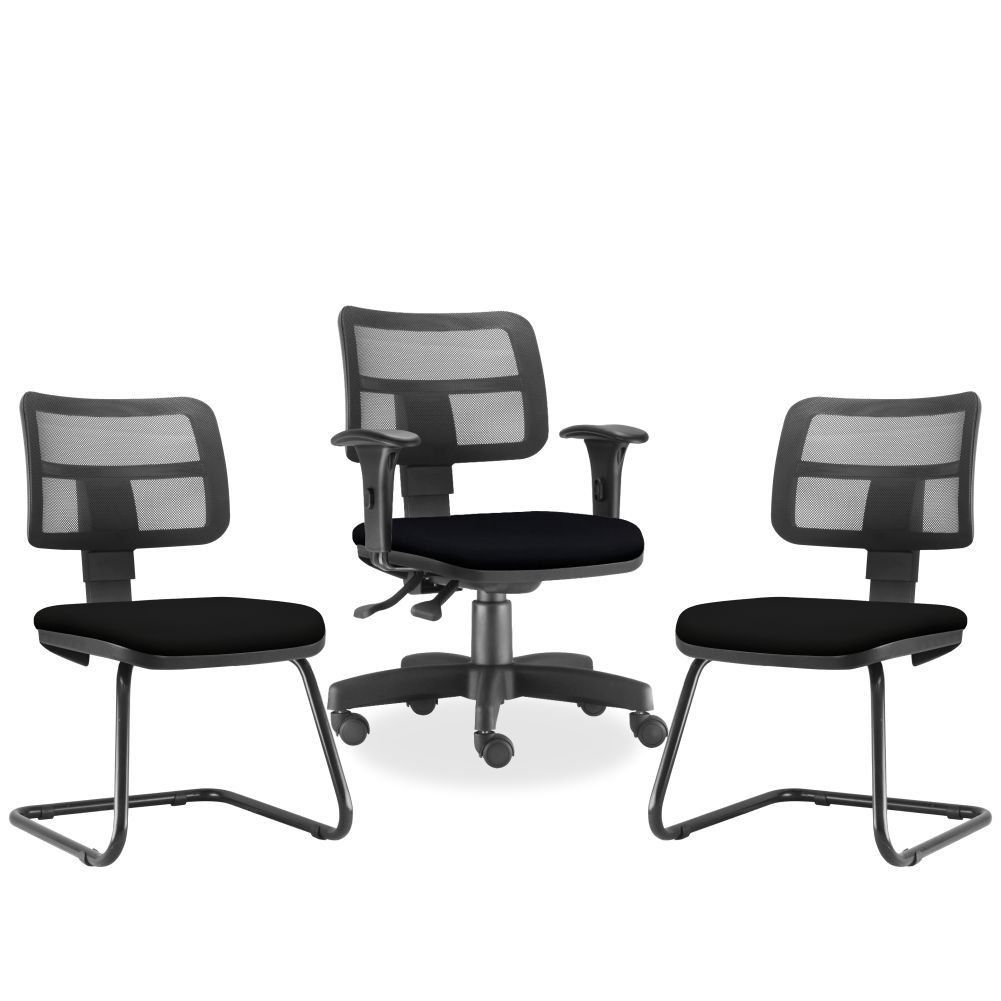 Kit Cadeira de Escritório Giratória e 02 Cadeiras Fixas Zip L02 Crepe Preto - Lyam Decor
