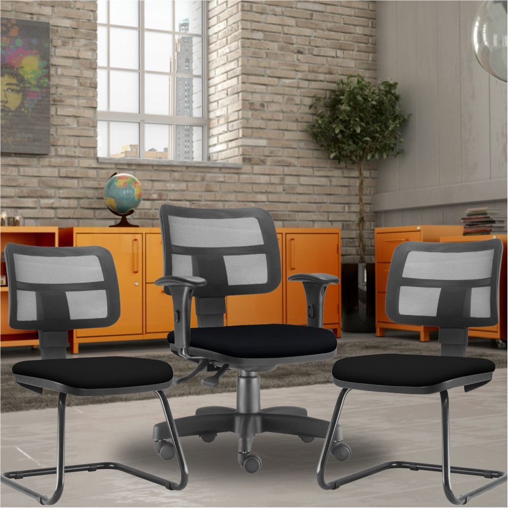 Kit Cadeira de Escritório Giratória e 02 Cadeiras Fixas Zip L02 Crepe Preto - Lyam Decor