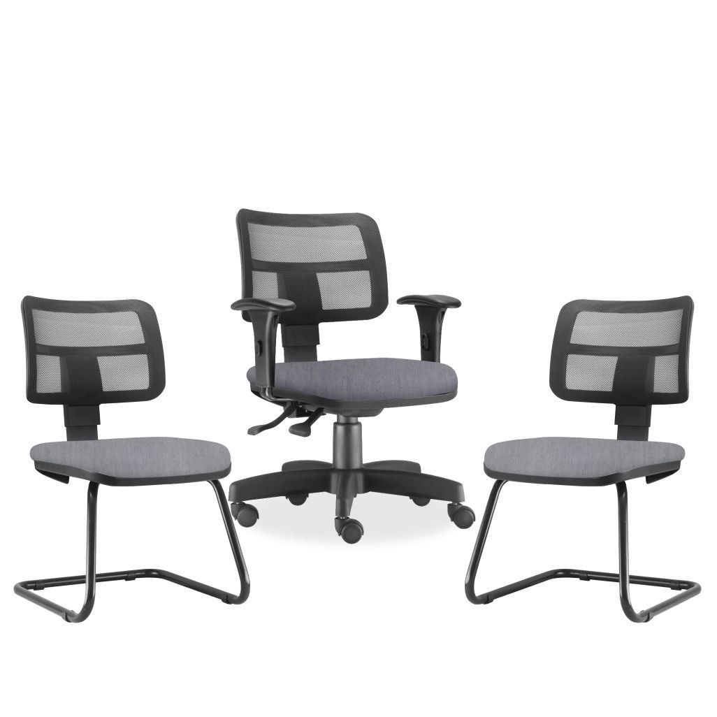 Kit Cadeira de Escritório Giratória e 02 Cadeiras Fixas Zip L02 Linho Cinza - Lyam Decor