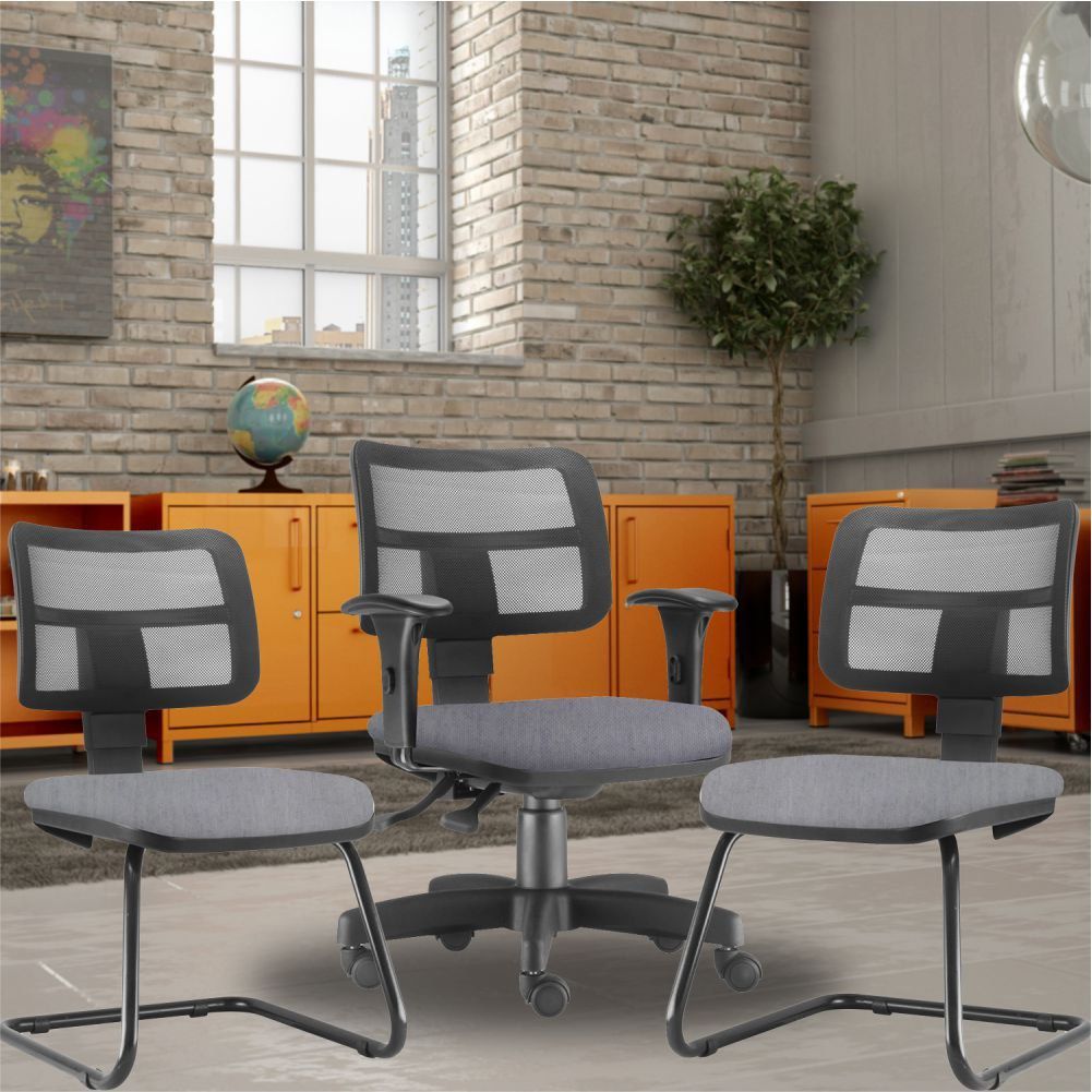 Kit Cadeira de Escritório Giratória e 02 Cadeiras Fixas Zip L02 Linho Cinza - Lyam Decor