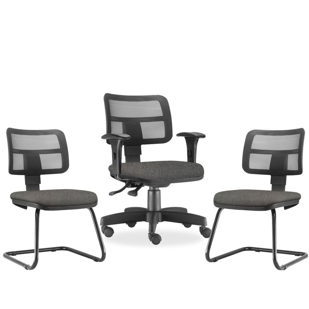 Kit Cadeira de Escritório Giratória e 02 Cadeiras Fixas Zip L02 Linho Cinza Escuro - Lyam Decor