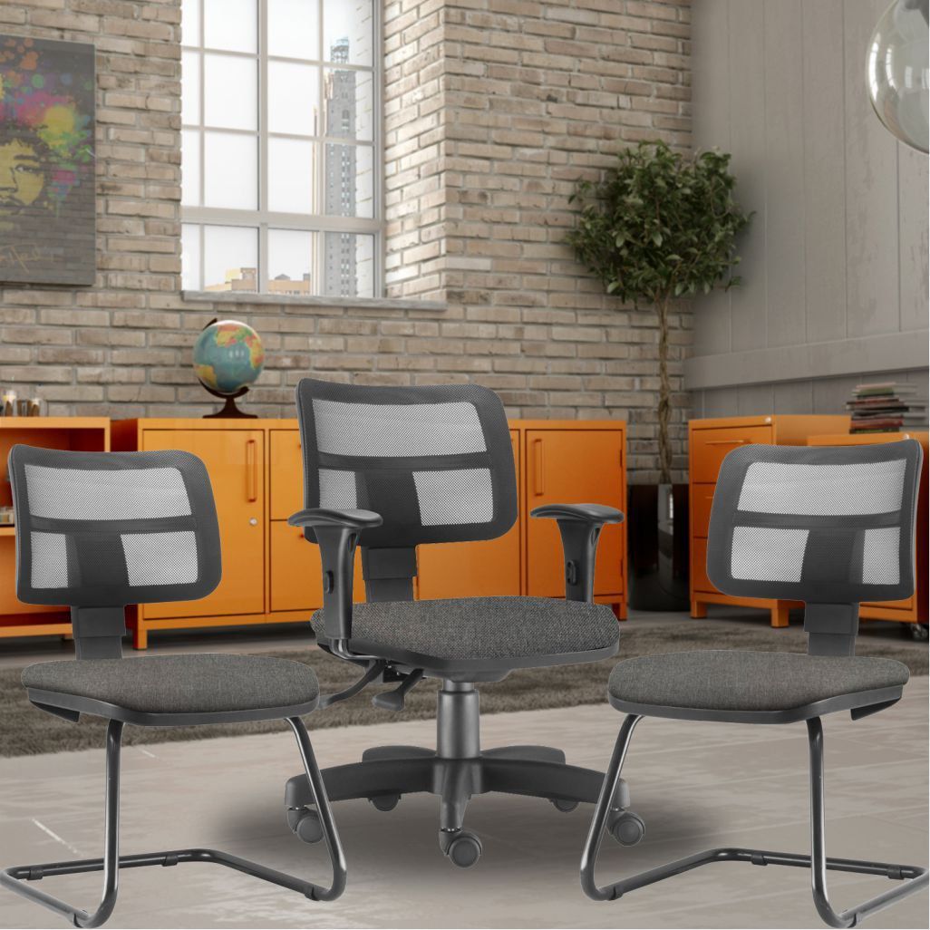 Kit Cadeira de Escritório Giratória e 02 Cadeiras Fixas Zip L02 Linho Cinza Escuro - Lyam Decor