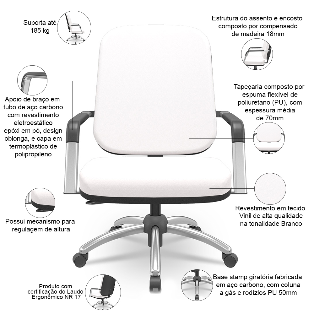 Kit Cadeira de Escritório Giratória e 2 Cadeiras Fixas Cromada Magno P03 Vinil Branco - Lyam Decor