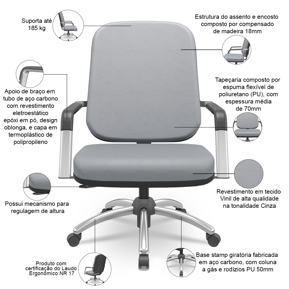 Kit Cadeira de Escritório Giratória e 2 Cadeiras Fixas Cromada Magno P03 Vinil Cinza - Lyam Decor