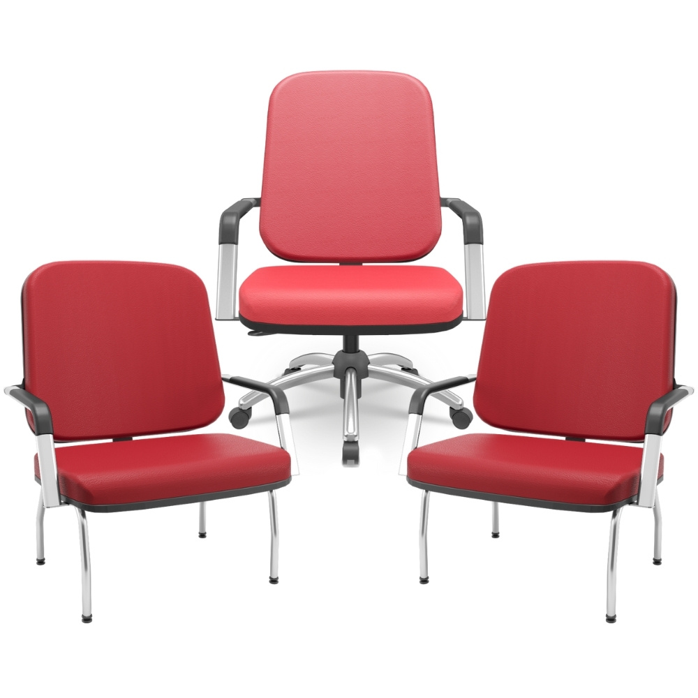 Kit Cadeira de Escritório Giratória e 2 Cadeiras Fixas Cromada Magno P03 Vinil Vermelho - Lyam Decor
