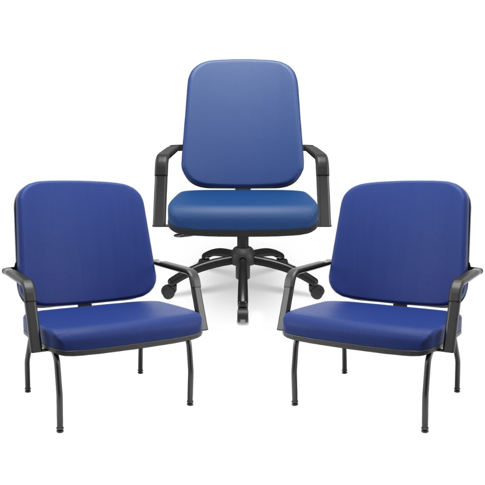 Kit Cadeira de Escritório Giratória e 2 Cadeiras Fixas Preta Magno P03 Vinil Azul - Lyam Decor