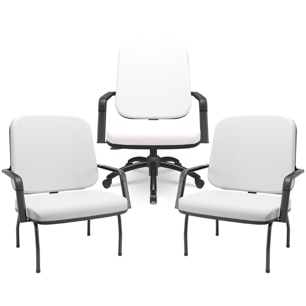Kit Cadeira de Escritório Giratória e 2 Cadeiras Fixas Preta Magno P03 Vinil Branco - Lyam Decor