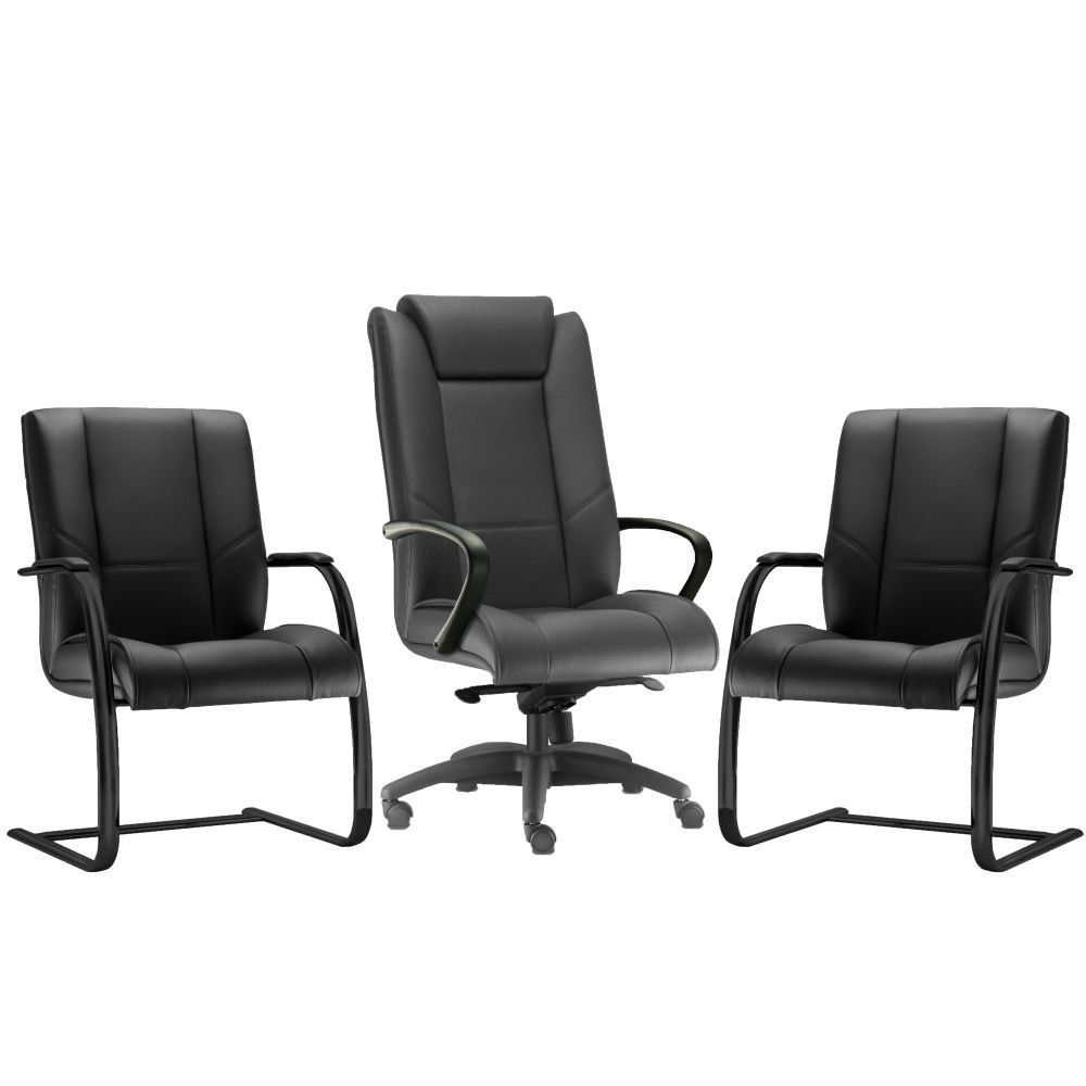 Kit Cadeira de Escritório Presidente com 02 Cadeiras Fixas New Onix F02 Couro Ecológico Preto - Lyam Decor